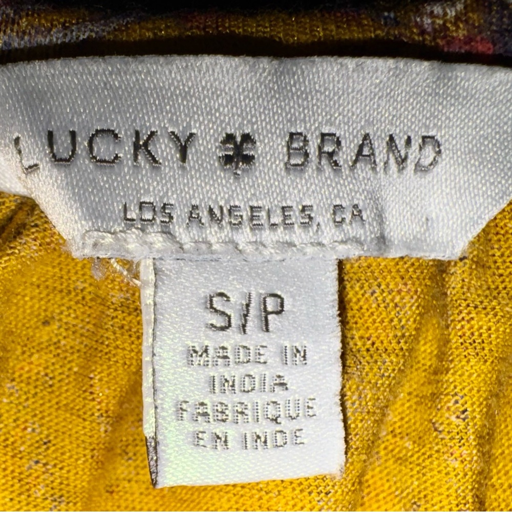 Lucky Brand Smocked Paisley Top Size S/P Mustard Yellow Boho Cotton Modal Blouse - Picture 9 of 10
